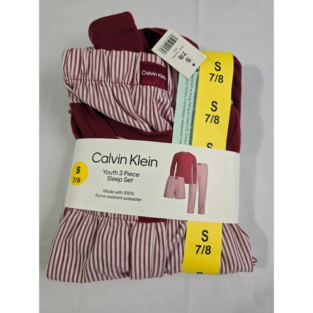 Calvin Klein Youth 3 Piece Sleep Set Tibetan Red Stripe Pajamas 7/8 1942380 NWT